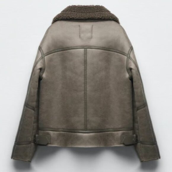 ZARA NEW WOMEN FAUX LEATHER SHEARLING DOUBLE-FACED BIKER JACKET GRAY 3548/243 - Picture 12 of 15